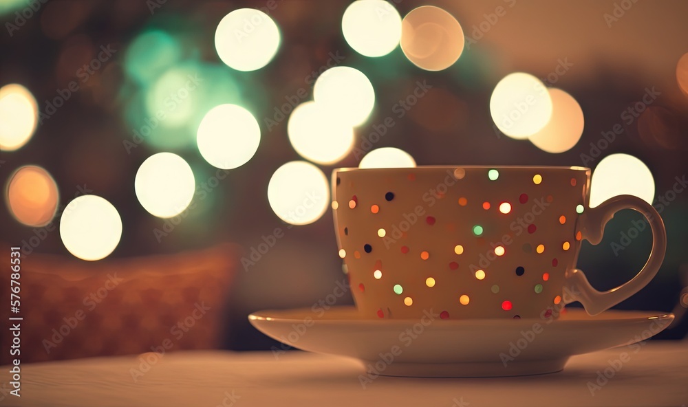  a coffee cup sitting on top of a saucer on top of a white tablecloth covered tablecloth covered in 