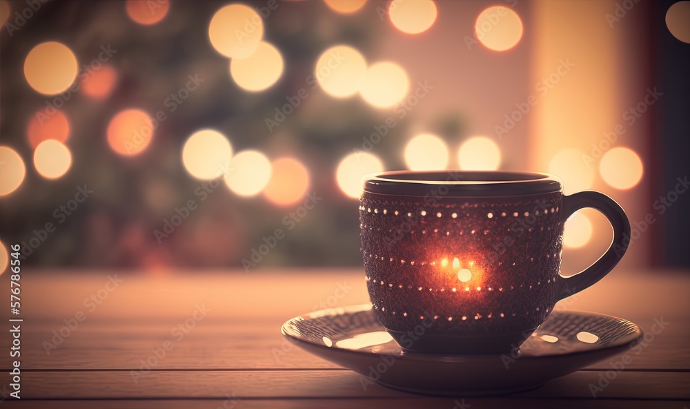  a cup with a lit candle in it on a saucer on a table with a blurred christmas tree in the backgroun