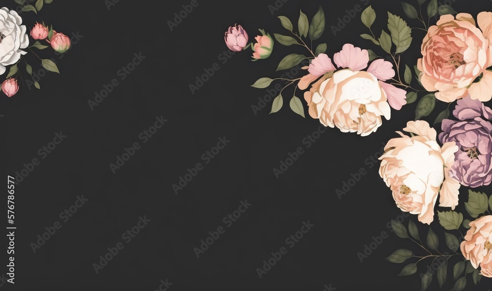  a black background with a bunch of flowers on it and a black background with a bunch of flowers on 