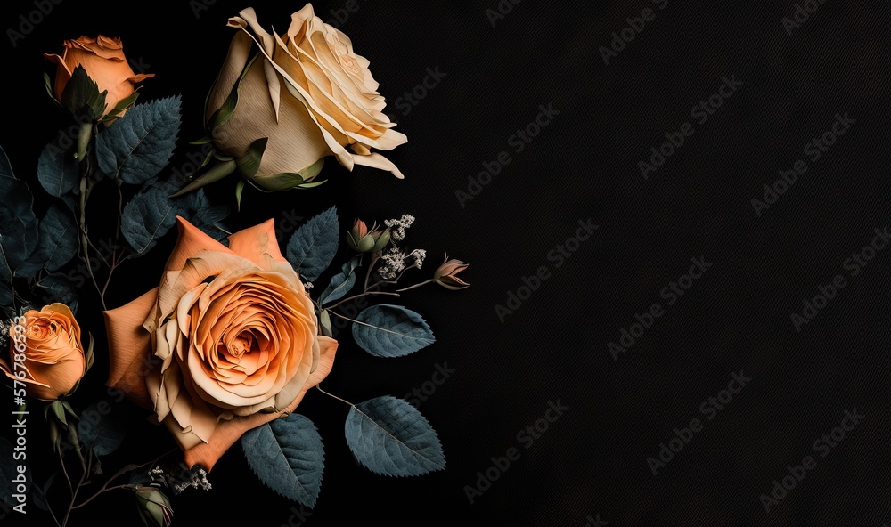  a bunch of flowers that are sitting on a black surface with leaves and flowers in the middle of the