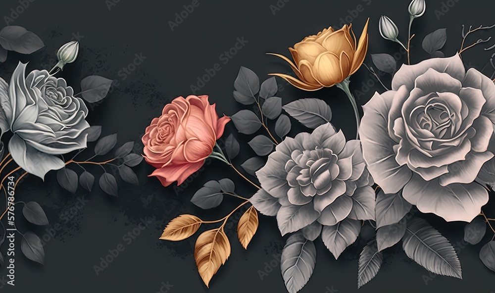  a bunch of flowers that are on a black background with gold and silver leaves and flowers on a blac