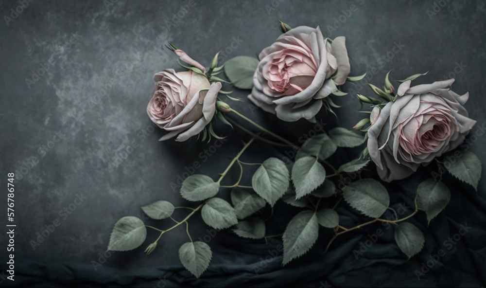  three pink roses with green leaves on a black background with a gray background and a black backgro