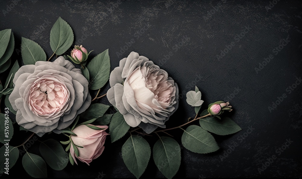  a group of flowers with green leaves on a black background with a white center and pink center on t