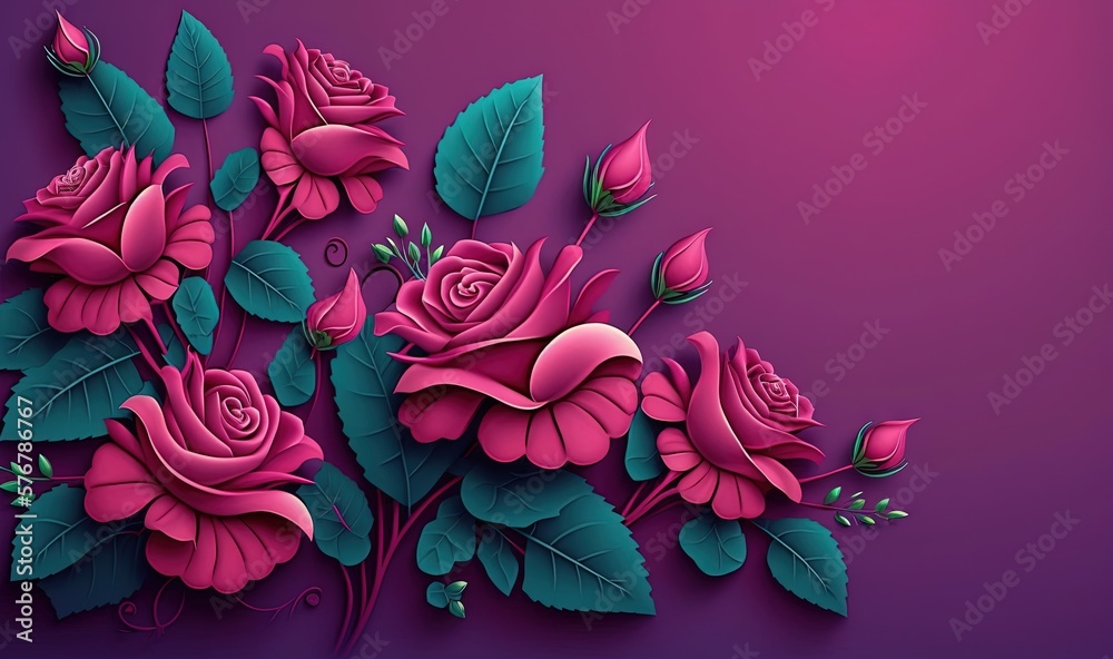  a bunch of pink roses with green leaves on a purple background with a pink background and a purple 