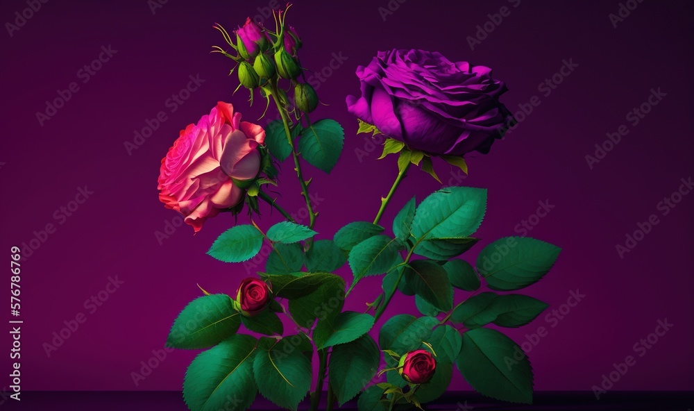  a purple and red rose is in a vase on a purple surface with green leaves on the stems and a purple 