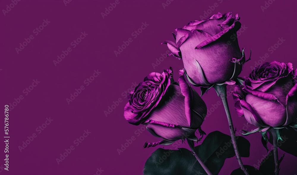  three purple roses are in a vase on a purple background with a black border around them and a purpl