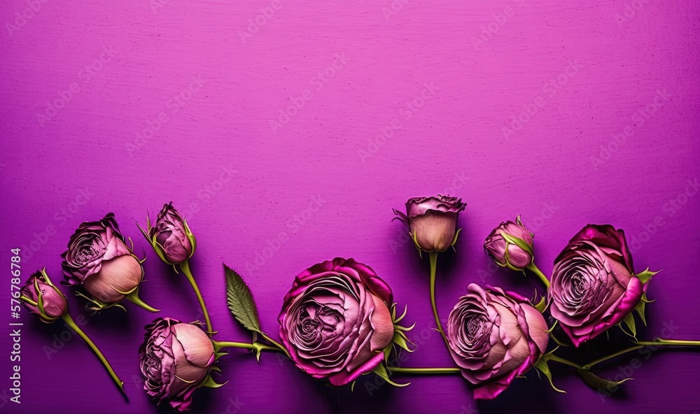  a bunch of pink roses on a purple background with a place for a text or a picture to be placed in t