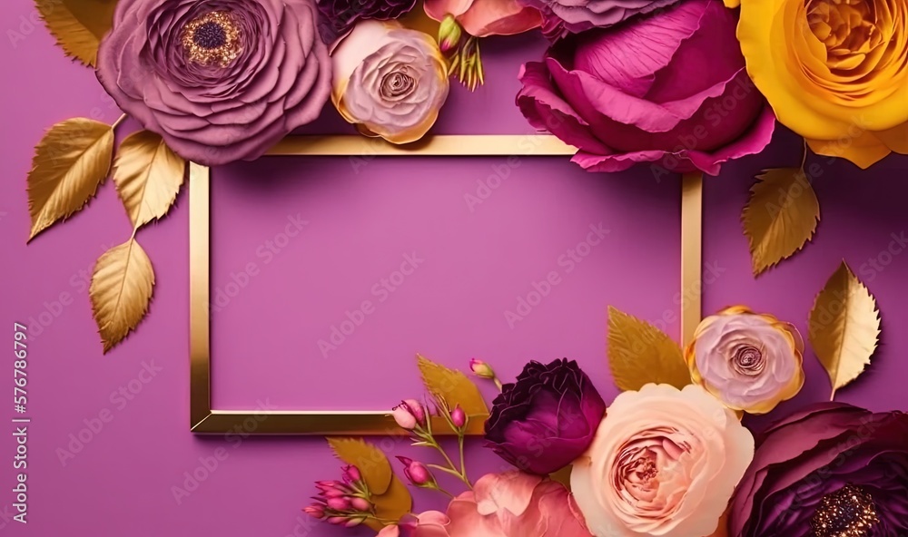  a purple background with a gold frame and flowers on it, with a purple background with a gold frame