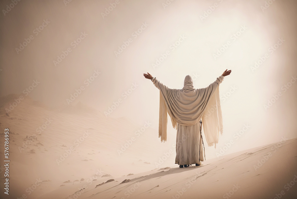 Man in coat stand in a desert sands during the storm, raising hands in praying gesture. Dusty mist. 