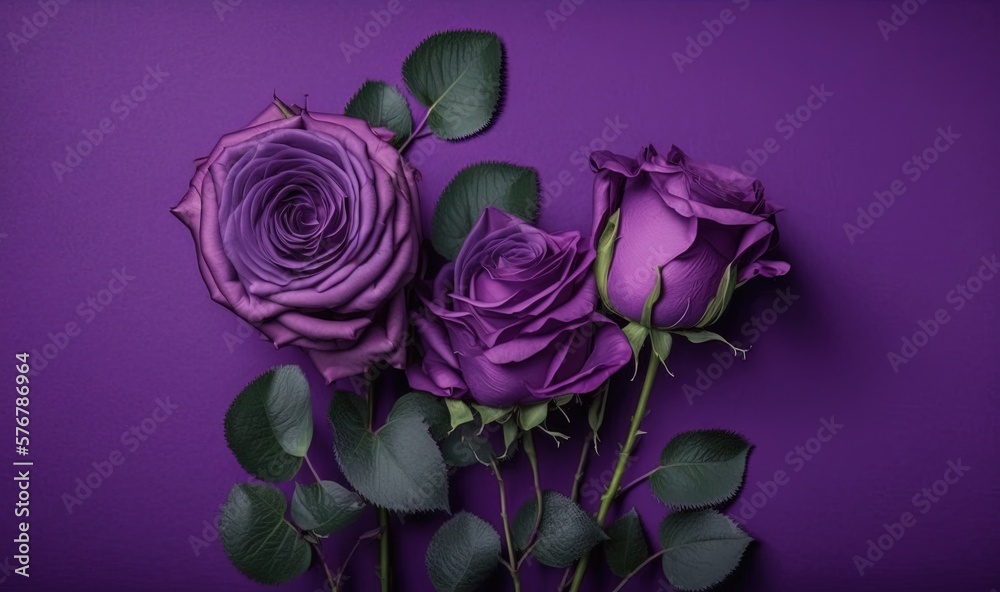  three purple roses on a purple background with green leaves on the stems and one of the stems has b