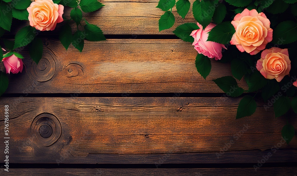  pink roses on a wooden background with green leaves on the top of the frame and bottom of the frame