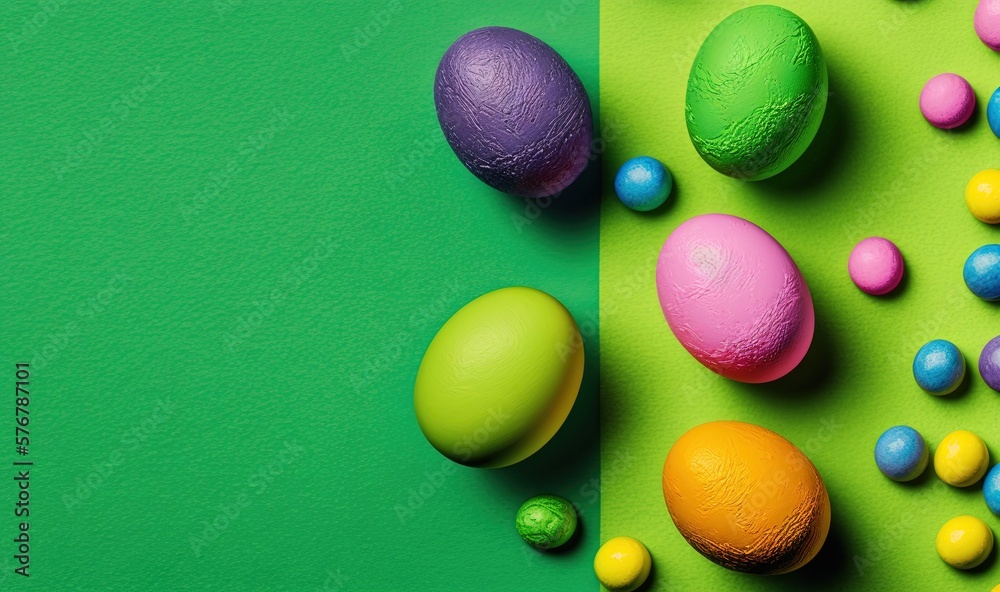  a group of different colored easter eggs on a green and yellow background with a green border and a