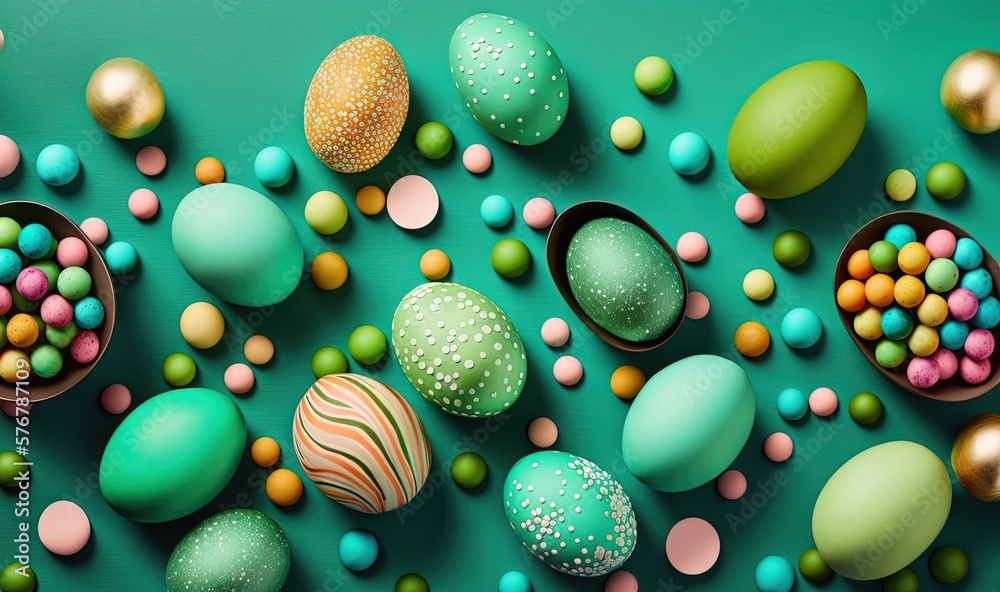  a table topped with lots of different colored eggs and candies next to each other on top of a green