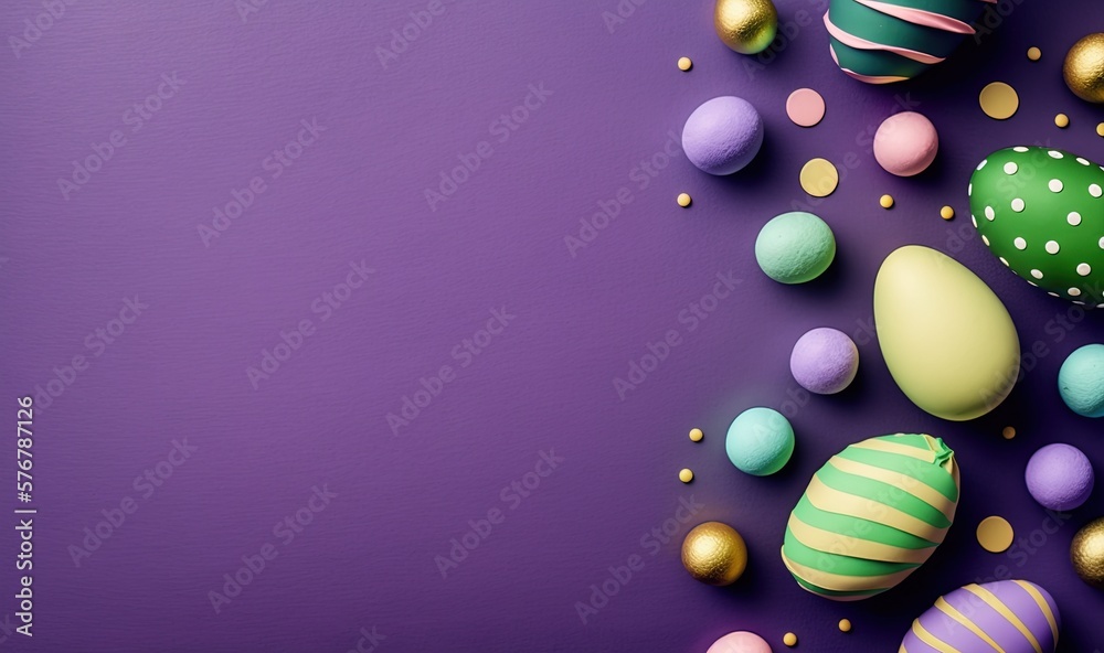  a group of colorful eggs on a purple surface with confetti scattered around them and a polka dot do