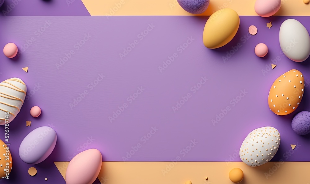  a purple and yellow background with easter eggs and confetti on the bottom of the image is a purple