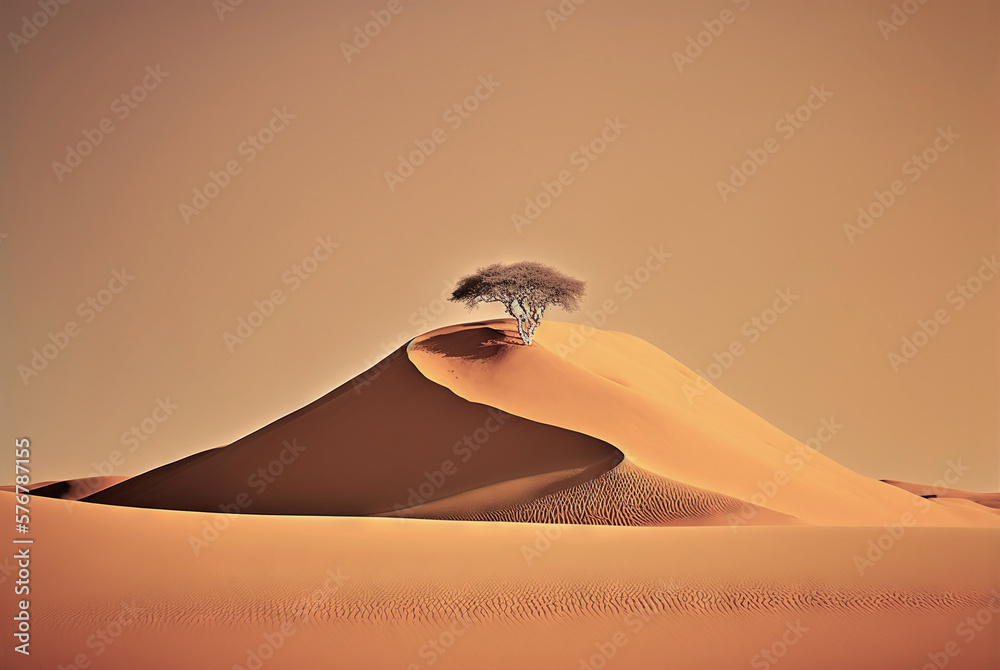 Desert sand minimalistic landscape with alone tree. Atmospheric scenic dunes imaginary view. Generat