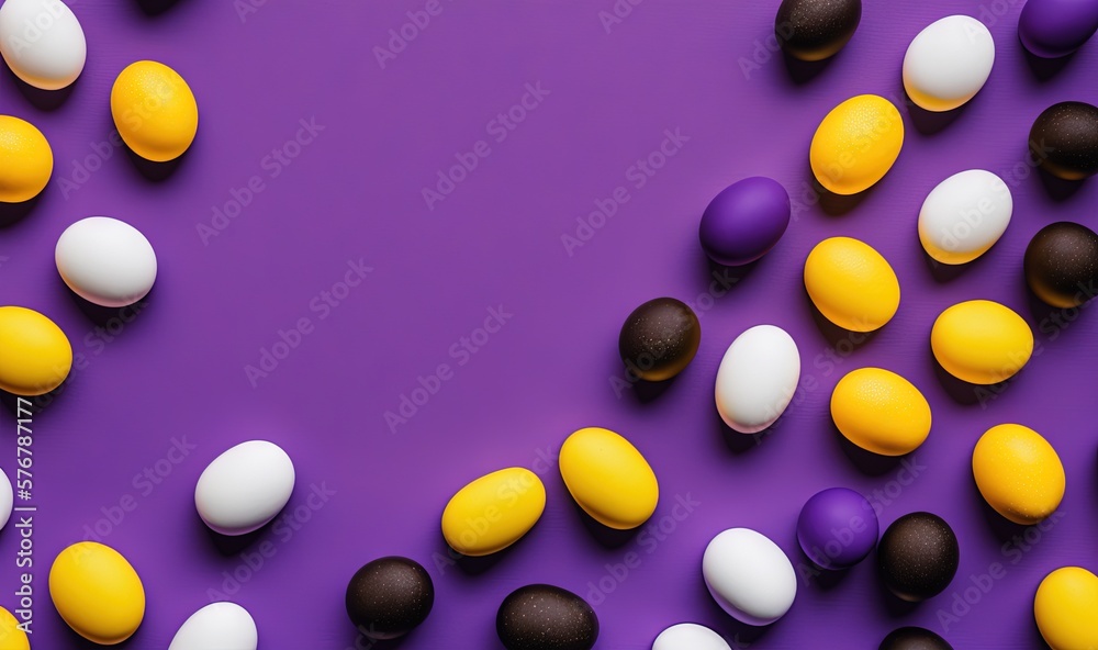  a purple background with white, yellow, and black eggs and chocolate eggs scattered around it on a 