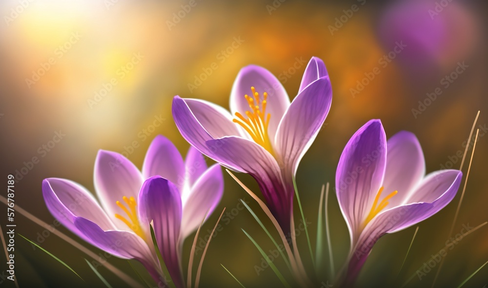  a painting of purple flowers in a vase on a table with a blurry background of yellow and purple flo