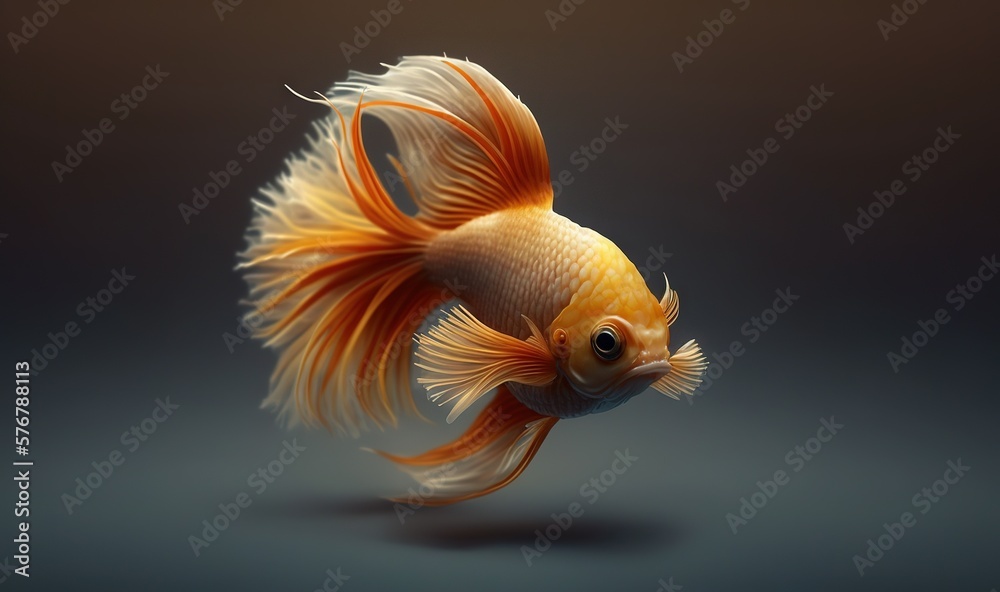  a goldfish with a black background and a white tail and tail, swimming in a dark pool, with a shado