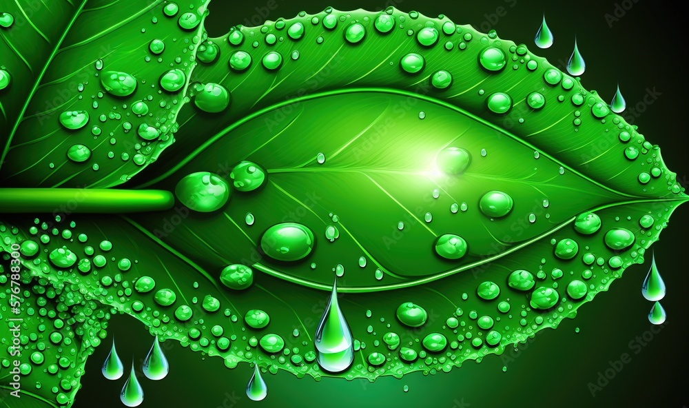  a green leaf with drops of water on it and a green light in the middle of the leaf is a green backg