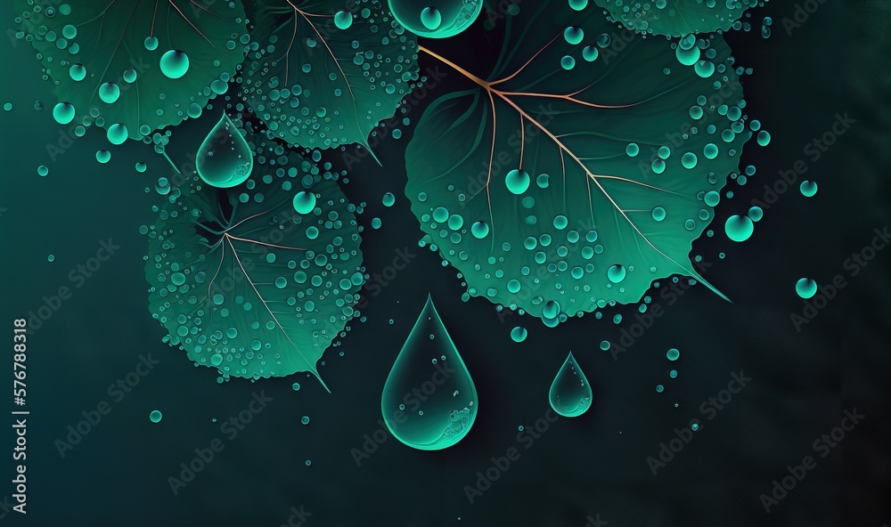  a group of green leaves with water drops on them on a black background with a green background and 