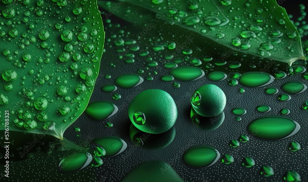  a group of green leaves with water droplets on them on a black surface with a black background with