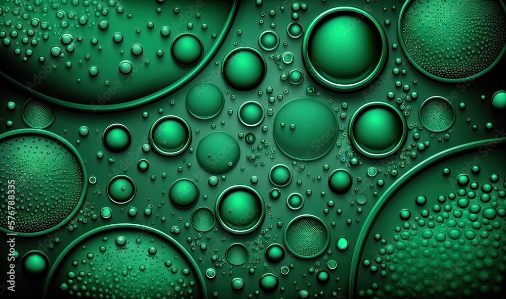  a green background with lots of bubbles and drops of water on the bottom of the image is a dark gre