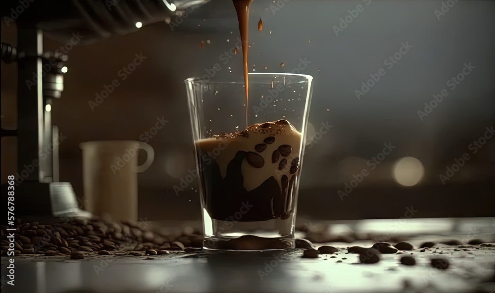  a cup of coffee is being poured into a glass of coffee with coffee beans scattered around the glass