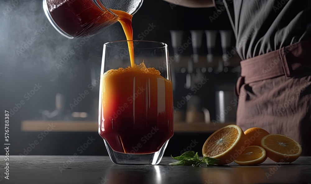  a person pouring orange juice into a glass on a counter top next to sliced oranges and a cup of tea