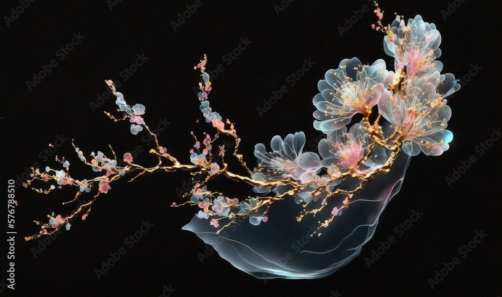  a branch with flowers and leaves on a black background with a black back ground and a black backgro