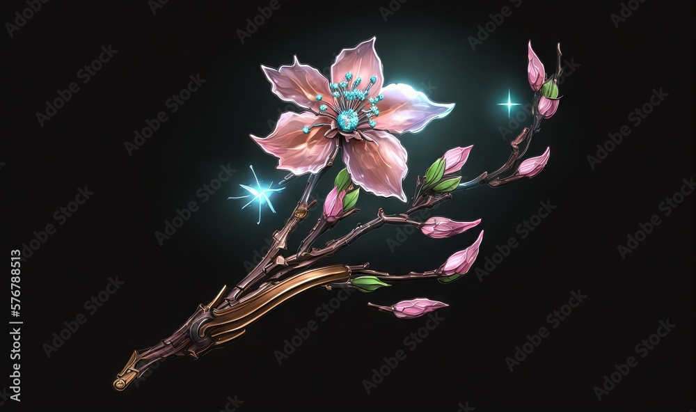  a pink flower with green leaves on a branch with a star in the sky in the background, on a black ba