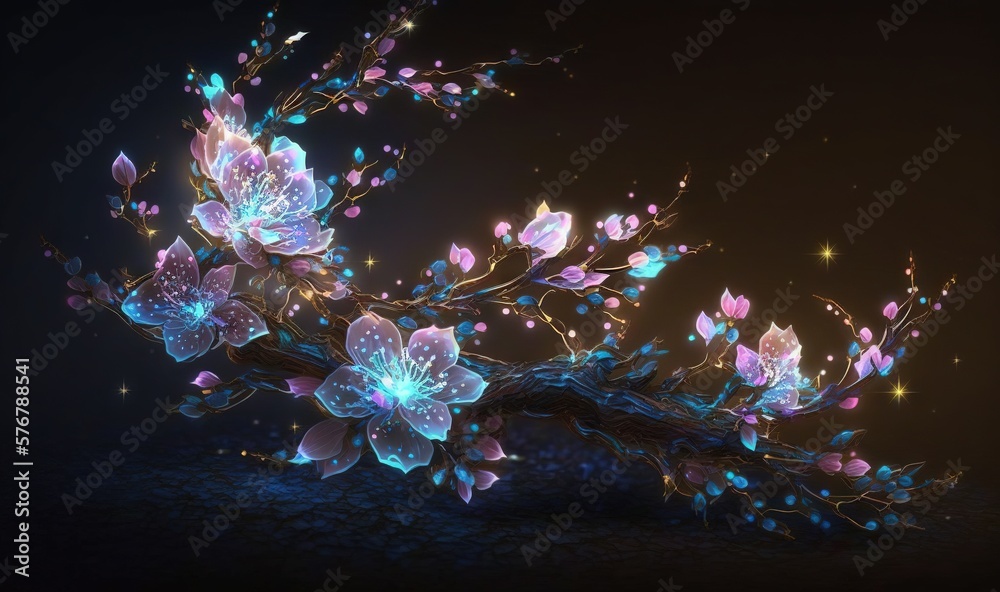  a branch of a tree with flowers and leaves on a dark background with a glowing light coming from th