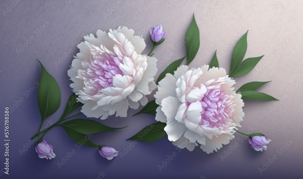  three white and pink flowers with green leaves on a purple and gray background with a green leafy s