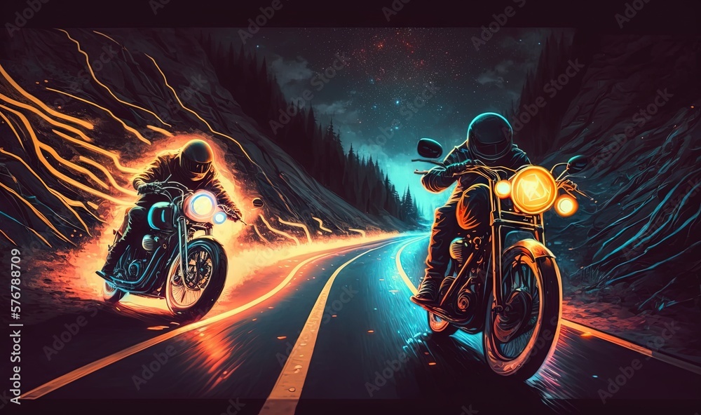  a couple of people riding motorcycles on a road at night with bright lights on the back of the bike