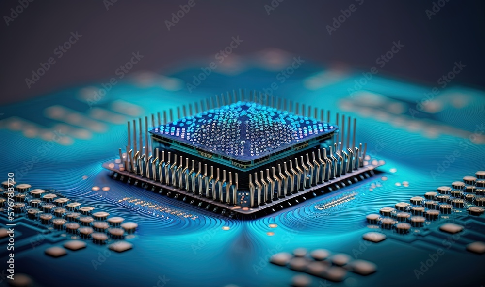  a computer chip with a blue light on its side and a blue background with white dots around it and 