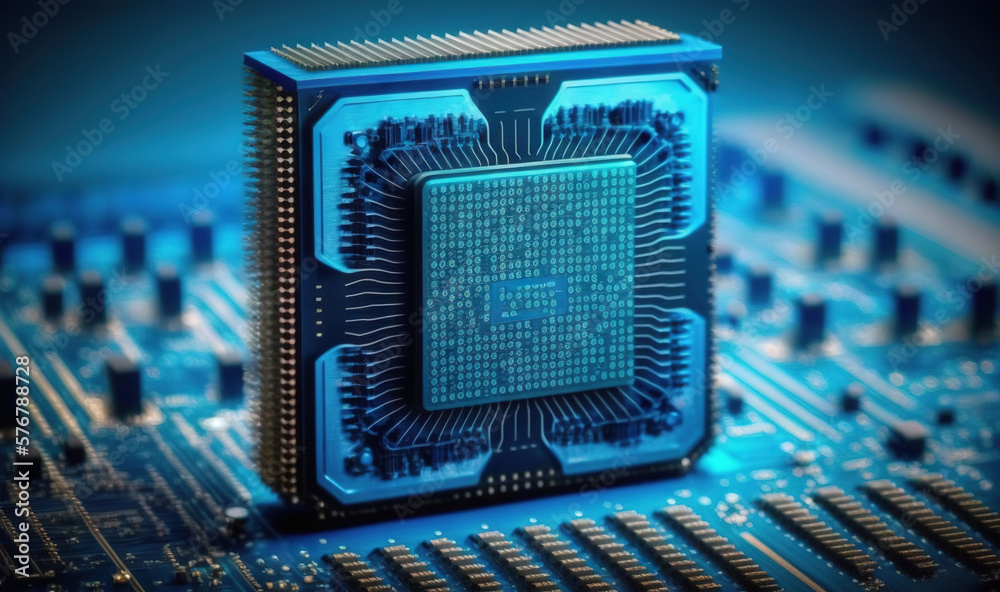  a close up of a processor chip on a motherboard with blue lights in the middle of the chip is a blu