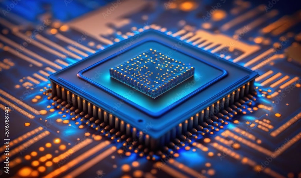  a close up of a processor chip on a circuit board with blue lights around it and a blue light shini