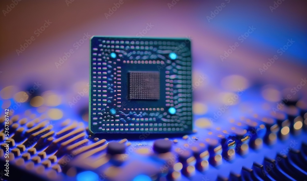  a close up of a cpu chip on a computer processor with blue and purple lights in the background and 