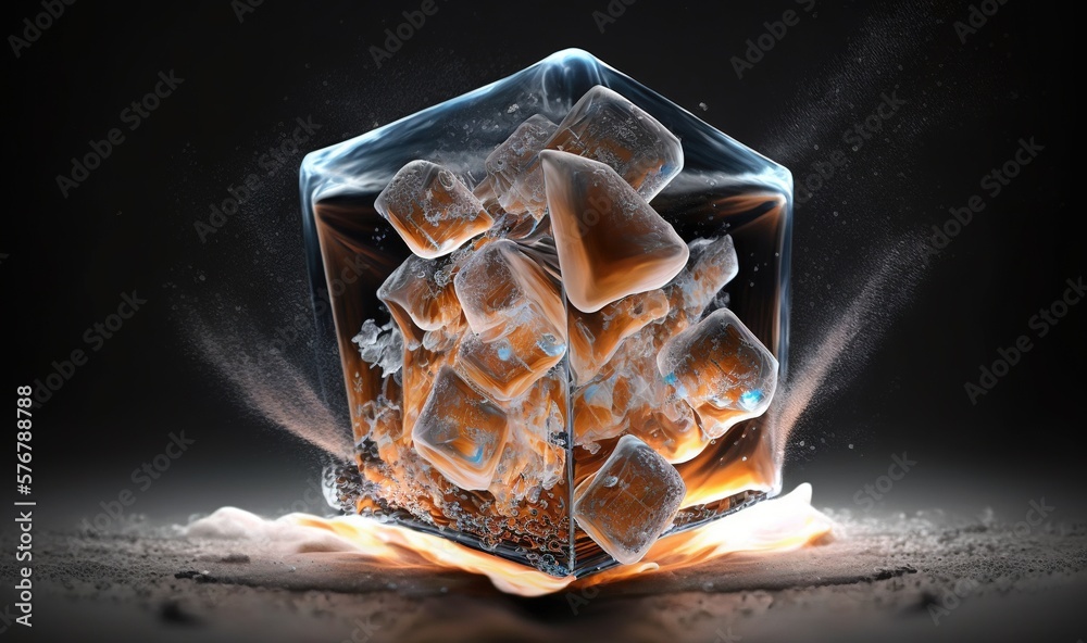  an ice cube is shown with fire coming out of it and ice on the ground in front of the ice cube is a