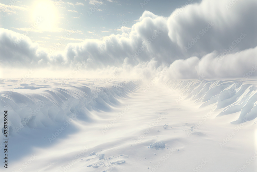 Snow dunes panorama during blizzard. White and empty frozen scenic imaginary landscape. Generative A