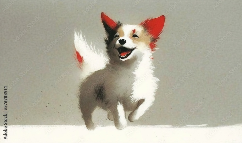  a small white and red dog running on a white surface with its mouth open and tongue out, with its t