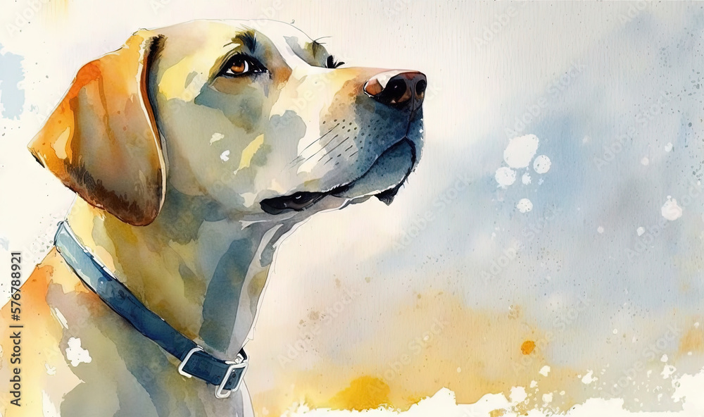  a watercolor painting of a dog with a blue collar and a yellow background is featured in this image