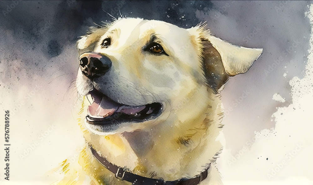  a painting of a yellow dog with a black collar and a white face and a black collar and a white back