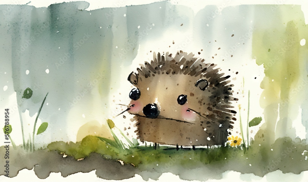  a watercolor painting of a hedgehog in a field of grass and flowers, with the background of a water