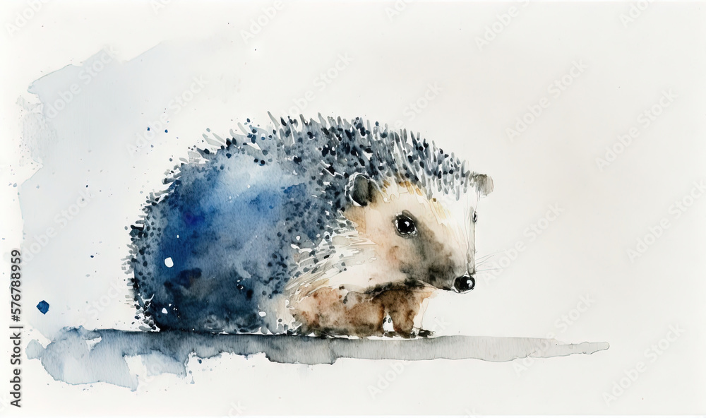  a watercolor painting of a hedgehog sitting on top of a table next to a blue ball of thread on a wh