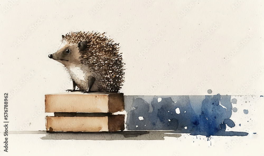  a painting of a hedgehog sitting on a piece of wood with watercolor splashes on the wall in the bac