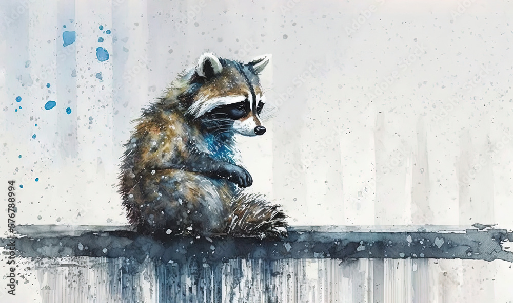  a painting of a raccoon sitting on a ledge in the rain with water droplets on the wall behind it an