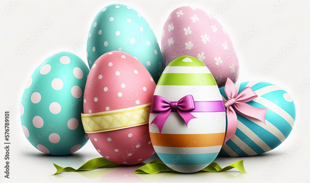  a bunch of colorful eggs with bows on them and a bow on the side of one of the eggs, all decorated 