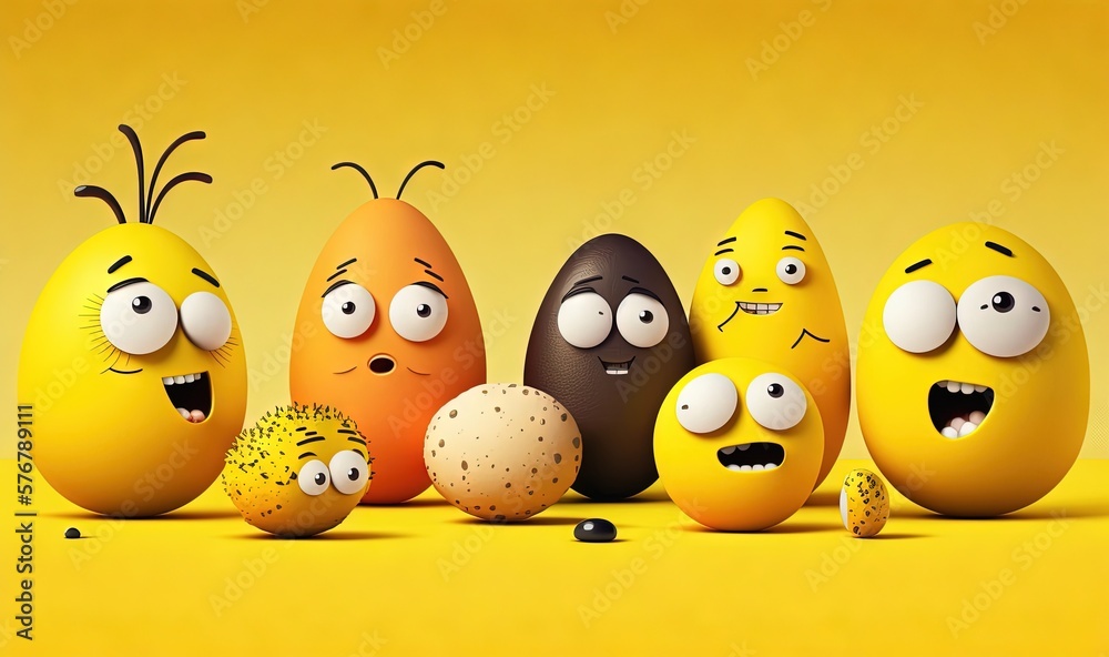  a group of eggs with faces and eyes in front of a yellow background with a speckled egg in the midd