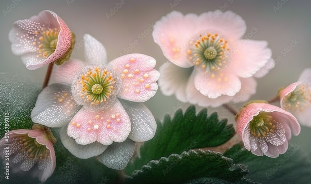  a group of pink flowers with green leaves on a gray and green background with water droplets on the